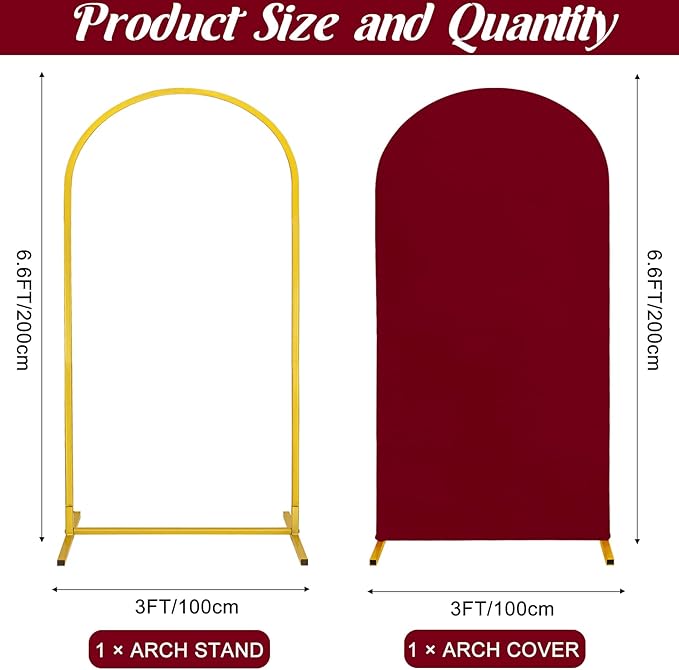Metal Arch Stand and Cover Set,1 Burgundy Spandex Fitted Backdrop with 1 Gold Wedding Arched Stand Frame for Parties Birthday Baby Shower Bridal Banquet Decoration (6.6FT)