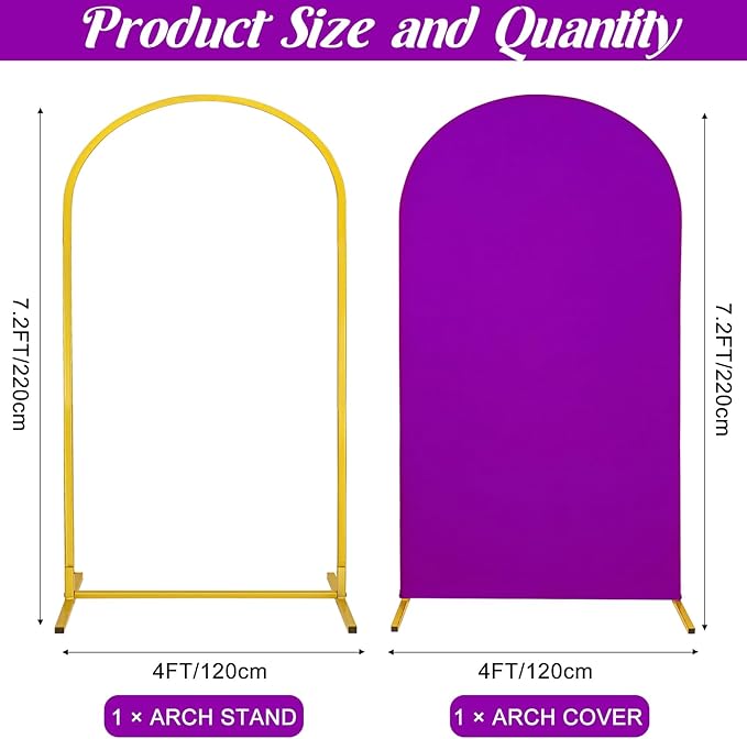 Metal Arch Stand and Cover Set,1 Purple Spandex Fitted Backdrop with 1 Gold Wedding Arched Stand Frame for Parties Birthday Baby Shower Bridal Banquet Decoration (7.2FT)