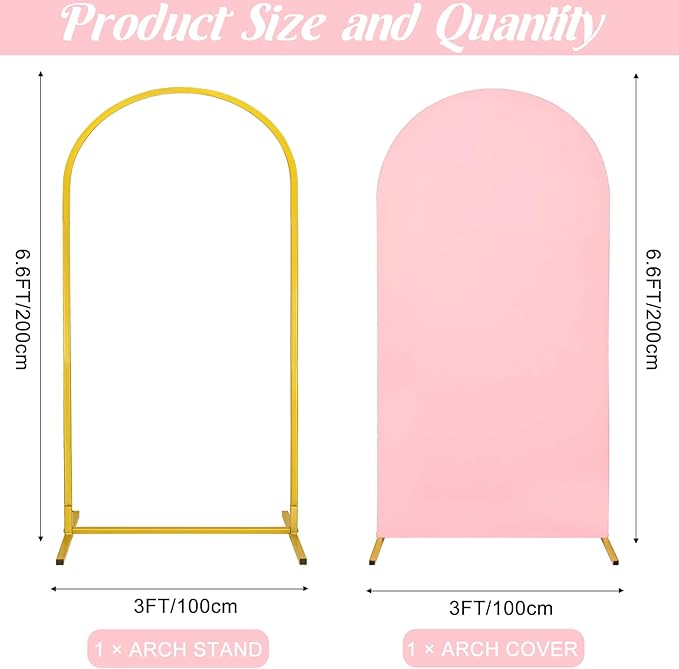 Metal Arch Stand and Cover Set,1 Pink Spandex Fitted Backdrop with 1 Gold Wedding Arched Stand Frame for Parties Birthday Baby Shower Bridal Banquet Decoration (6.6FT)