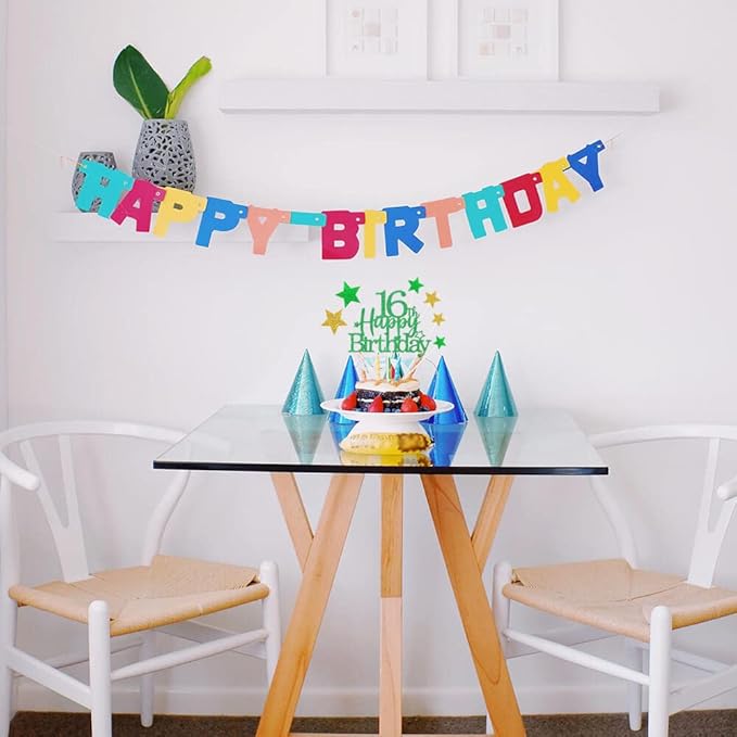 Glittery 16th Happy Birthday Cake Topper with Star,Personalised 16 Birthday Cake Toppers Party Decorations Party Supplies for Boys Girls Green Gold