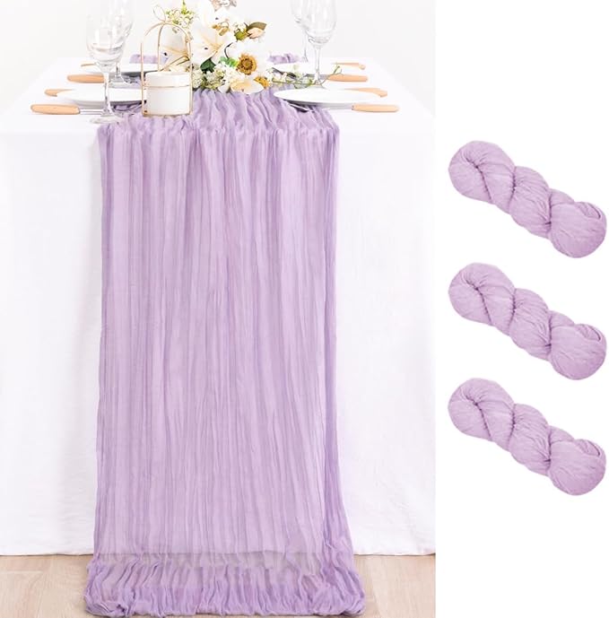 MLMC 3 Pack Lilac Purple Table Runner 10ft Lavender Cheesecloth Table Runner Rustic Gauze Cheese Cloth Centerpiece Decor 35x120 Inches for Bridal Shower Baby Shower Birthday Wedding Decor
