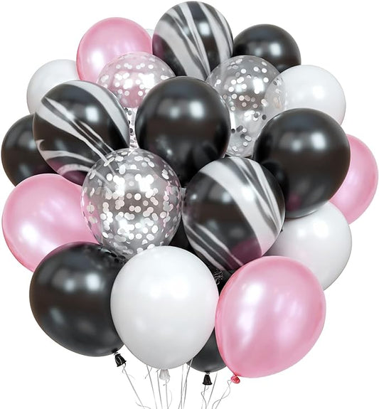 Balloons Black and Pink, 60 Packs 12 Inch Pink Black White Latex Balloon with Agate Balloon Silver Confetti Balloons for Girls Birthday Baby Shower Halloween Party