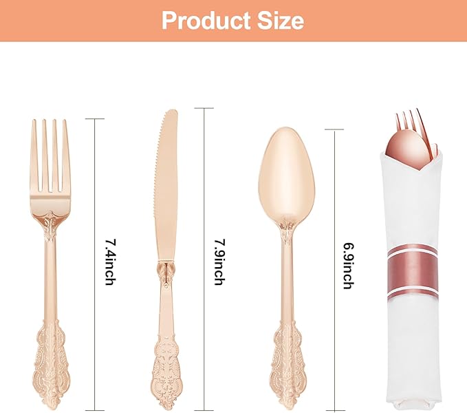 100 Pack Rose Gold Plastic Silverware with Pre Rolled Napkins for 100 Guests, Heavyweight Rose Gold Disposable Utensils Sets Includes 300 Plastic Cutlery, 100 Napkins for Party & Wedding