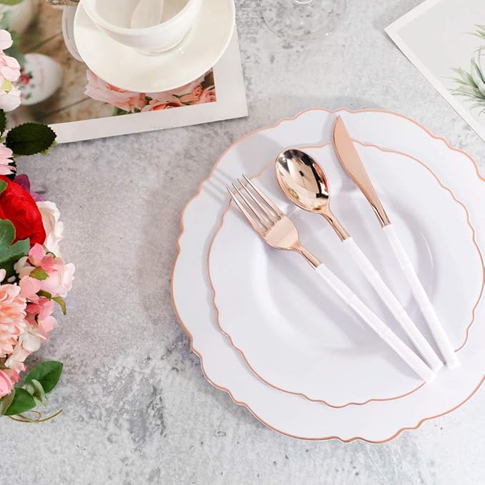 WDF 90Pieces Rose Gold Plastic Silverware - Rose Gold Plastic Cutlery with White Handle- Heavy Duty Disposable Silverware Include 30Forks, 30 Spoons, 30 Knives for Valentines Day, Wedding, Party