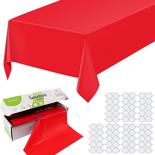 54 in X 98.4 Ft Plastic Table Cloth Roll Disposable Red Tablecloth with Slide Cutter Box for Rectangle Round Tables,Picnic,Camping,Banquet,Party,Birthdays, Baby Shower [with Fixed Stickers]