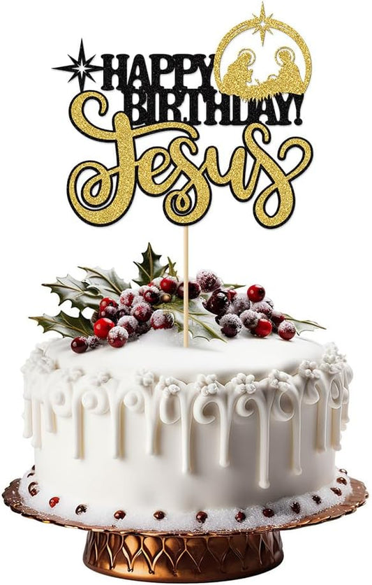 1Pcs Happy Birthday Cake Topper Glitter Black-gold Jesus Birthday Cake Pick Merry Christmas Cake Decorations for Nativity Scene Christmas Birthday Party Supplies