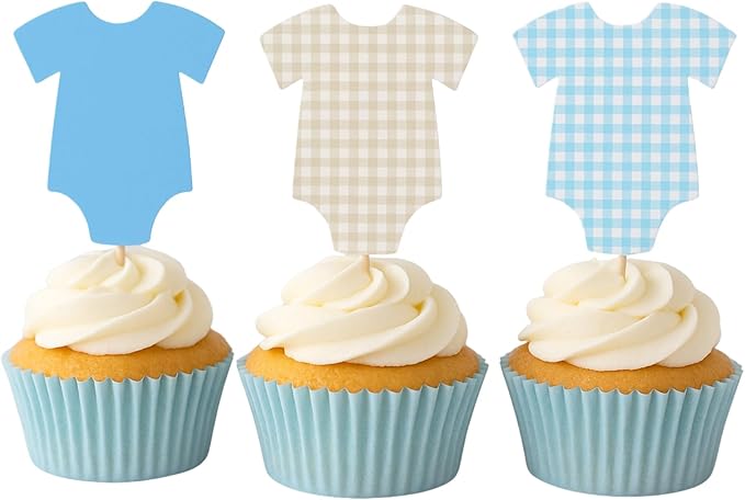 ALISSAR 36 Pcs Blue Gingham Cupcake Toppers - Baby Shower Decorations for Boys, Bodysuit & Cupcake Toppers, Diaper Cake Decor, Gender Reveal Party Supplies