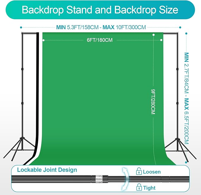 EMART 6.5x10ft Backdrop Support System, Professional Photography Lighting Kit with 45W CFL Blub, Umbrellas, 6x9ft Backdrop(White/Black/Green) for Photography Studio, Portrait, Video Shooting