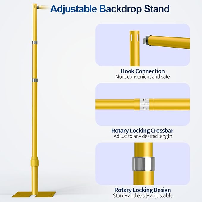 Pipe and Drape Backdrop Stand, 10x10ft Heavy Duty Adjustable Backdrop Frame with Metal Base, Background Holder for Parties Photography Wedding Photoshoot Decoration - Gold