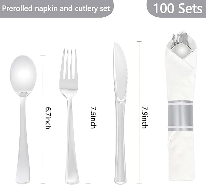 100 Pack Pre Rolled Silver Plastic Silverware Set,Wrapped Plastic Cutlery Set with Napkin Include 100 Forks,100 Spoons,100 Knives and 100 White Napkins for Party, Wedding,showers,Christmas