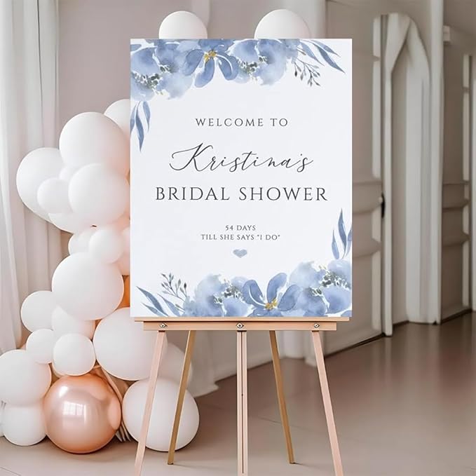 Dusty Blue Bridal Shower Welcome Sign, 12x18, 18x27, 24x36 Inches, Plastic, Modern, Ground Mount, Neon, Wedding