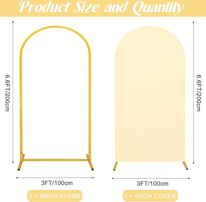 Metal Arch Stand and Cover Set,1 Beige Spandex Fitted Backdrop with 1 Gold Wedding Arched Stand Frame for Parties Birthday Baby Shower Bridal Banquet Decoration (6.6FT)