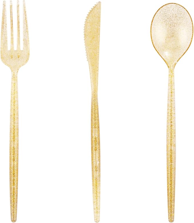 Supernal 180pcs Gold Plastic Silverware Durable Plastic Silverware Gold Glitter Color Party Cutlery Disposable Flatware Heavy Duty Include 60 Forks,60 Knvies,60 Spoons for Wedding,Birthday