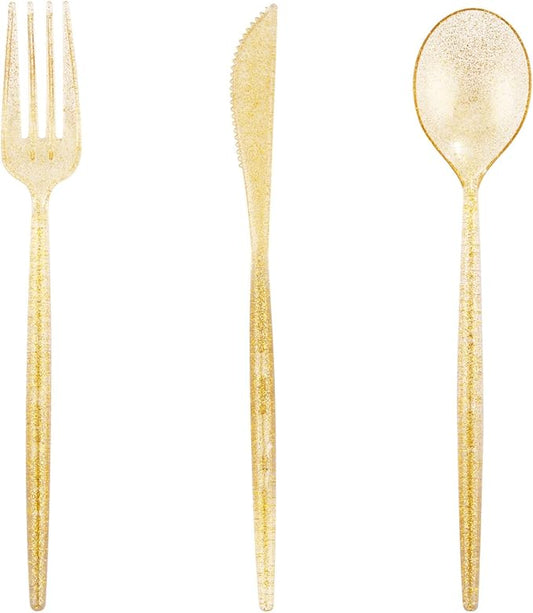 Supernal 180pcs Gold Plastic Silverware Durable Plastic Silverware Gold Glitter Color Party Cutlery Disposable Flatware Heavy Duty Include 60 Forks,60 Knvies,60 Spoons for Wedding,Birthday