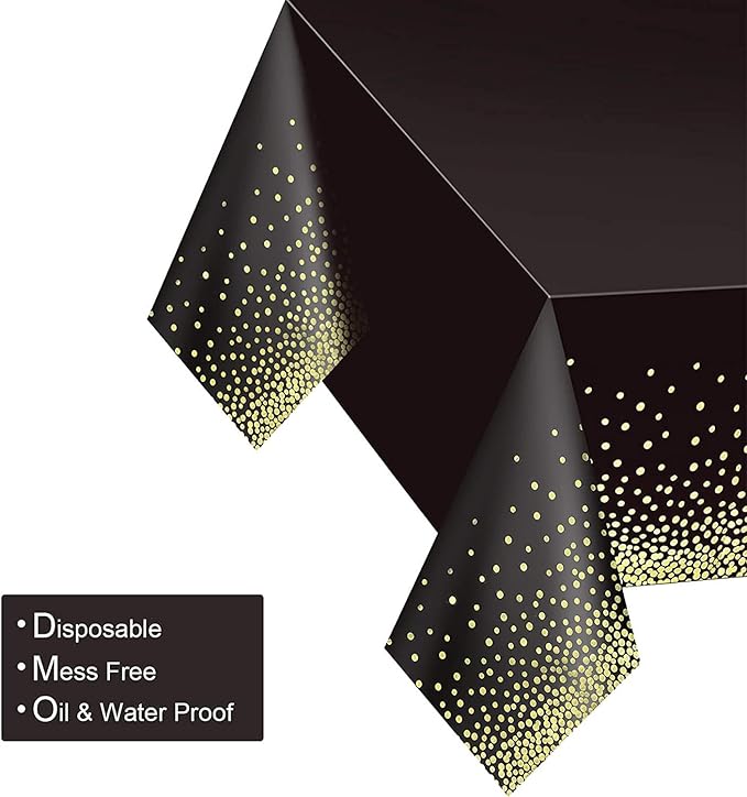 Gexolenu 8 Pack Black and Gold Tablecloth for Rectangle Tables, Plastic Disposable Dot Confetti Party Table Covers for Birthday, Graduation, New Year Party, Anniversary, 54" x 108"