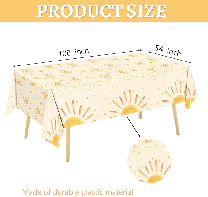 Oigco 3Pcs Boho Sun Birthday Party Tablecloths First Trip Around The Sun Party Decorations Disposable Plastic Table Covers Boho Baby Shower Supplies, 54 x 108 Inches