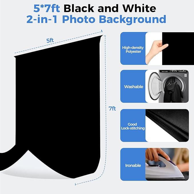 EMART Photo Backdrop with Stand Kit 6.5x5ft, Photography Black and White 2-in-1 Revisible Background Screen with Portable T-Shape Support and 5 Clamps for Video Recording Meeting Self Tape