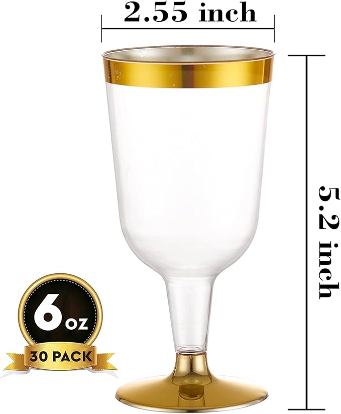 N9R 30PCS Plastic Wine Glasses with Gold Rim, 6 Oz Plastic Wine glasses with Stem, Disposable Wine Cups Reusable Suitable for Party Wedding Birthday