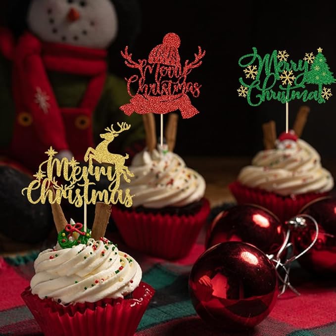 24Pcs Merry Christmas Cupcake Toppers Glitter Xmas Tree Deer Cap Snow Christmas Eve Xmas Cupcake Picks for Celebrating Merry New Year Birthday Party Supplies