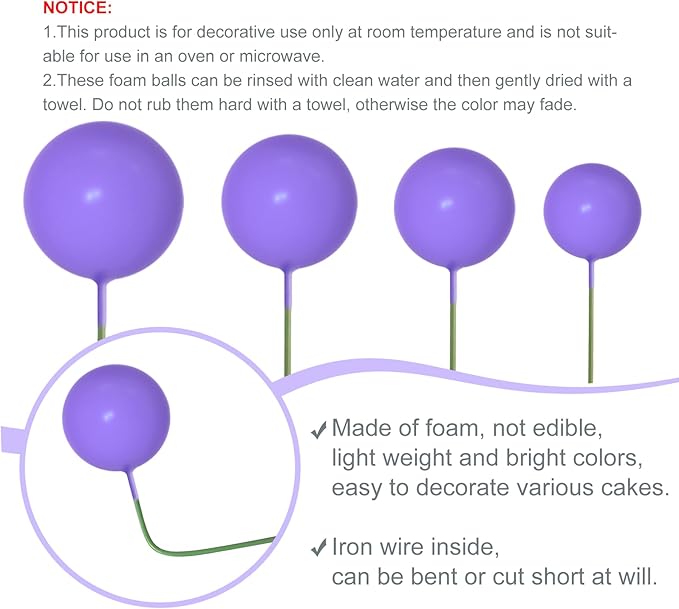 NEBURORA 64 Pcs Balls Cake Toppers and Leaves Decoration Set Mini Balloons for Cake Decorating Supplies Balls Cake decorations for Baby Shower Cake Toppers Birthday Cake Decoration(Purple Silver)
