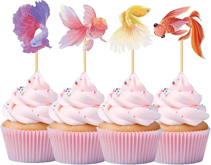 28 pcs Double Sided Goldfish Cupcake Toppers ornamental fish Theme Decorations Baby Shower Happy Birthday Party aquarium Party Cake fish Decoration Supplies