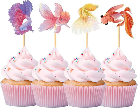 28 pcs Double Sided Goldfish Cupcake Toppers ornamental fish Theme Decorations Baby Shower Happy Birthday Party aquarium Party Cake fish Decoration Supplies