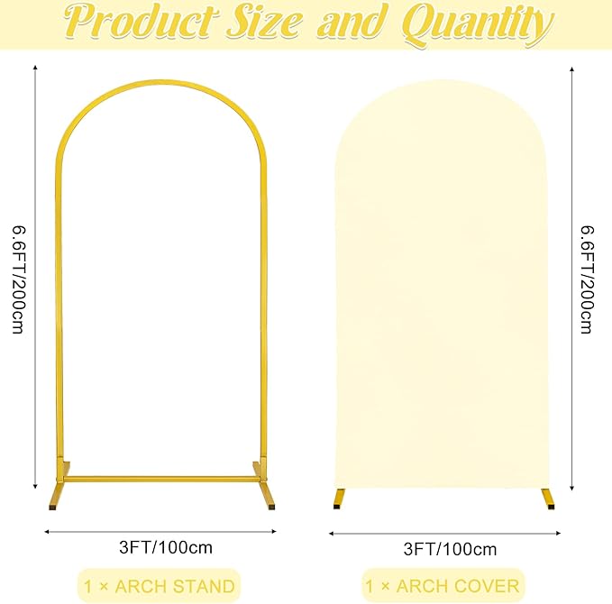 Metal Arch Stand and Cover Set,1 Ivory Spandex Fitted Backdrop with 1 Gold Wedding Arched Stand Frame for Parties Birthday Baby Shower Bridal Banquet Decoration (6.6FT)