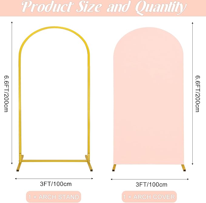 Metal Arch Stand and Cover Set,1 Light Pink Spandex Fitted Backdrop with 1 Gold Wedding Arched Stand Frame for Parties Birthday Baby Shower Bridal Banquet Decoration (6.6FT)