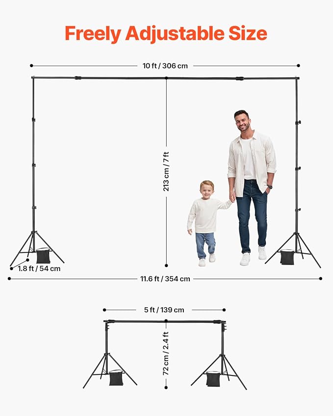 VEVOR Backdrop Stand, 7 x 10 ft Adjustable Photo Backdrop Stand Kit, Portable Background Backdrop Stand with 3 Crossbars, Heavy Duty Projector Screen Stand, for Wedding, Photo Video Studio & Party