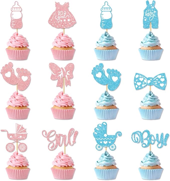 36PCS Gender Reveal Cupcake Toppers – Pink and Blue Color Scheme Baby Shower Decorations with Glitter Paper Bottles, Bows, Bodysuits, Pants, Dresses & Feet for Boy or Girl Party