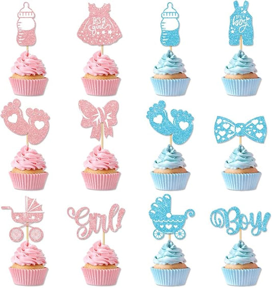 36PCS Gender Reveal Cupcake Toppers – Pink and Blue Color Scheme Baby Shower Decorations with Glitter Paper Bottles, Bows, Bodysuits, Pants, Dresses & Feet for Boy or Girl Party