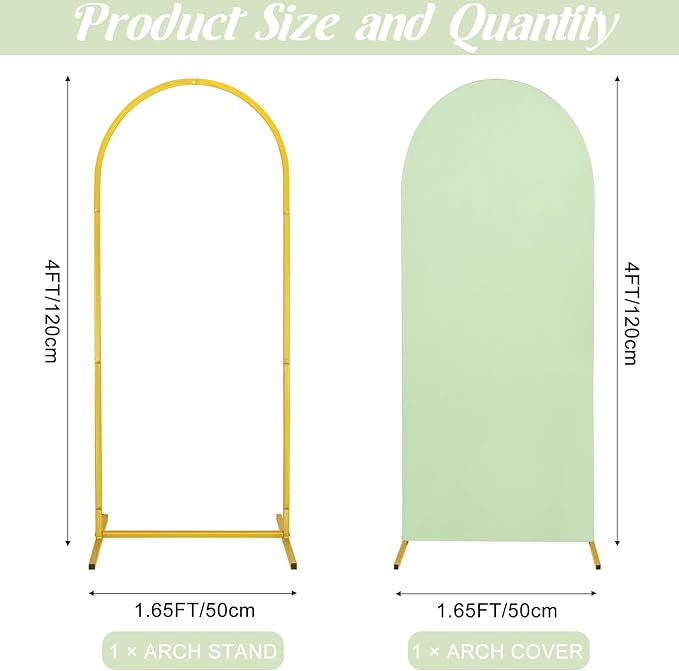 Metal Arch Stand and Cover Set,1 Sage Green Spandex Fitted Backdrop with 1 Gold Wedding Arched Stand Frame for Parties Birthday Baby Shower Bridal Banquet Decoration (4FT)