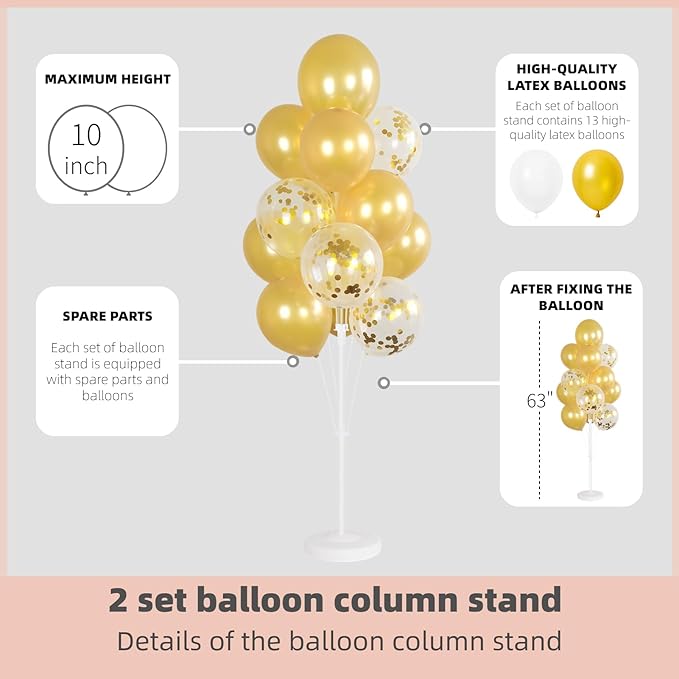 Balloon Column Kit Set of 2 With Confetti Balloons Included - Balloon Tower with Stand, Base, and Pole,Backdrop Decoration for Wedding, Baby Shower, Birthday Party, or Bachelorette Parties (Gold)