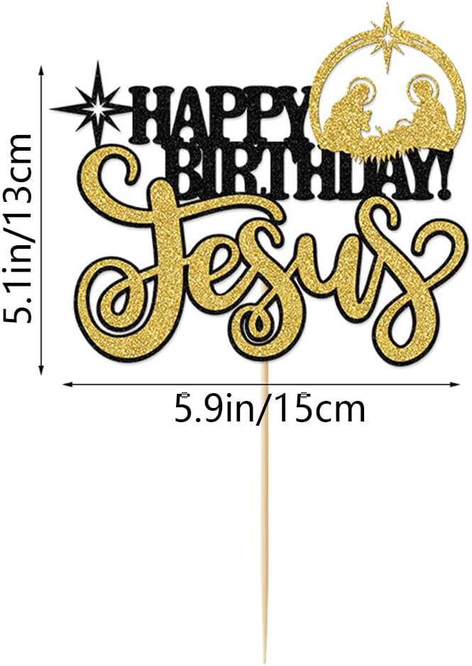 1Pcs Happy Birthday Cake Topper Glitter Black-gold Jesus Birthday Cake Pick Merry Christmas Cake Decorations for Nativity Scene Christmas Birthday Party Supplies