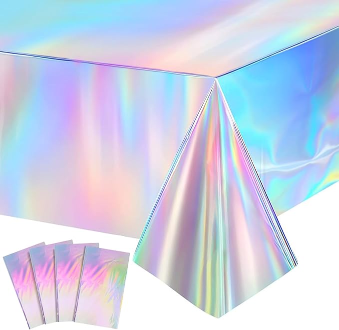 4 Pack Iridescence Plastic Tablecloths Shiny Disposable Laser Rectangle Table Covers for Party Decoration Birthday Bridal Wedding Christmas 54" x 108"