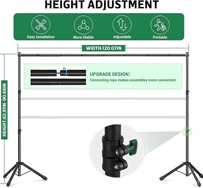 3-in-1 Backdrop Stand Kit 10x7.5 ft for Photography Studio, T-Shape Backdrop Stand for Wedding Parties, Background Stand for Photo Video Studio with Carring Bag, 6 Clamps, 2 Sandbags