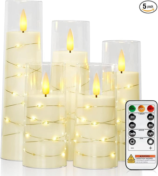 Raycare Flameless Candle with Remote Timer – 5 Flickering Acrylic Battery Operated LED Pillar Candles with Embedded Star String for Halloween, Home Decor, and as a Gift(Ivory)