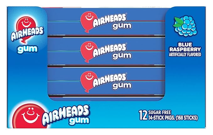 Airheads Candy, Chewing Gum, Blue Rasberry Flavor, Sugar Free, Xylitol, 14 Sticks per Pack, Box of 12 Packs