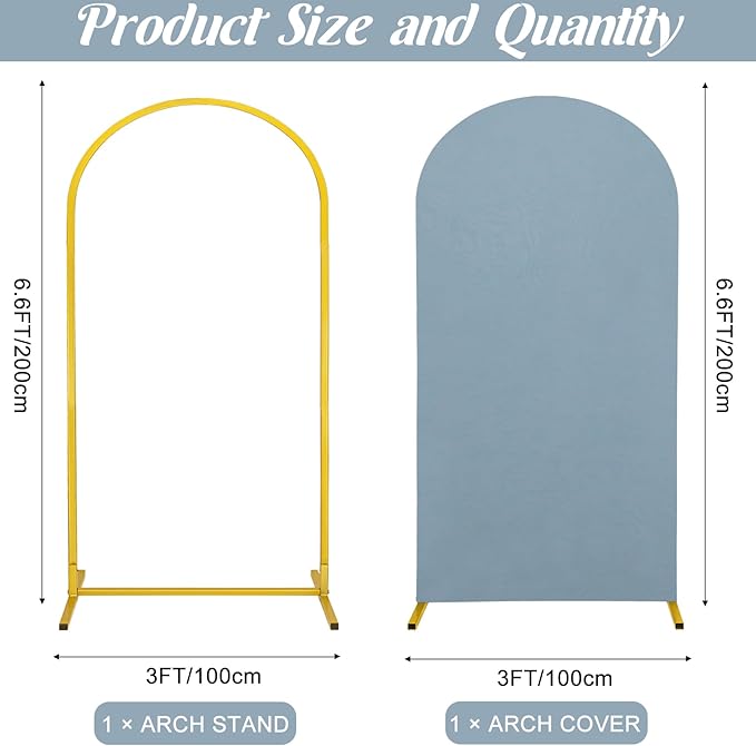 Metal Arch Stand and Cover Set,1 Dusty Blue Spandex Fitted Backdrop with 1 Gold Wedding Arched Stand Frame for Parties Birthday Baby Shower Bridal Banquet Decoration (6.6FT)