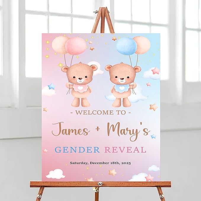 Welcome Baby Boy Or Girl Signs - Bear And Balloons Gender Reveal