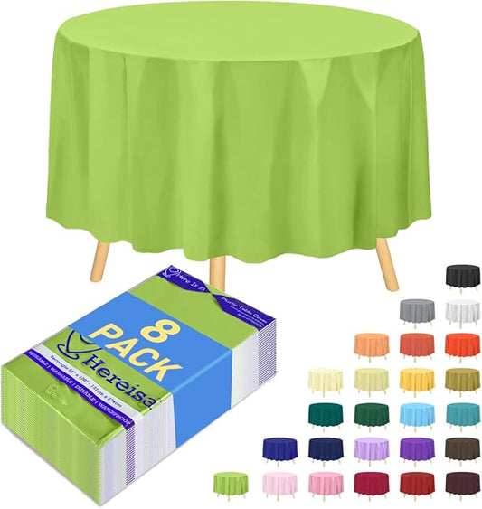 8-Pack Light Green Disposable Plastic Tablecloths Round 84 Inch Diameter - Heavy Duty Waterproof Party Table Covers for Weddings, Banquets & Events
