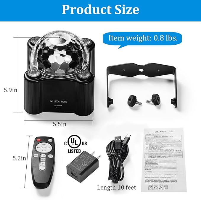 Disco Ball Party Lights Sound Activated Strobe DJ Stage Lighting for Indoor Room Outdoor Dance Floor Parties Birthday Rave Home Karaoke Halloween Christmas Wedding Show Bar Club Decorations