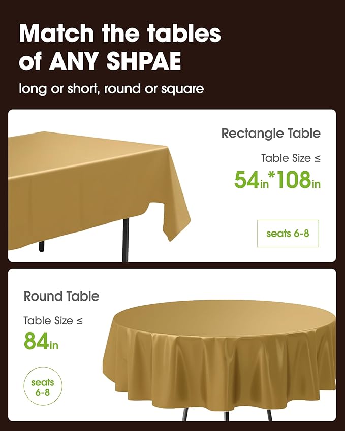 Pureegg Plastic Table Cloth Disposable 6 Pack, 54 x 108 Inch Table Cloths, Graduation Decorations, Thanksgiving, Christmas Tablecloths, Rectangle, Plastic Cover, Waterproof, Gold