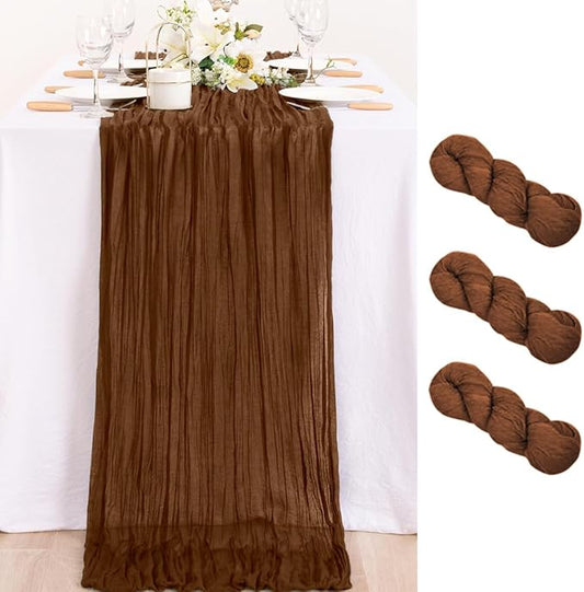 MLMC 3 Pack Brown Table Runner 10ft Boho Rustic Gauze Coffee Cheesecloth Table Runner Neutral Winter Decor 35x120 Inches for Wedding Bridal Shower Reception Party Decor