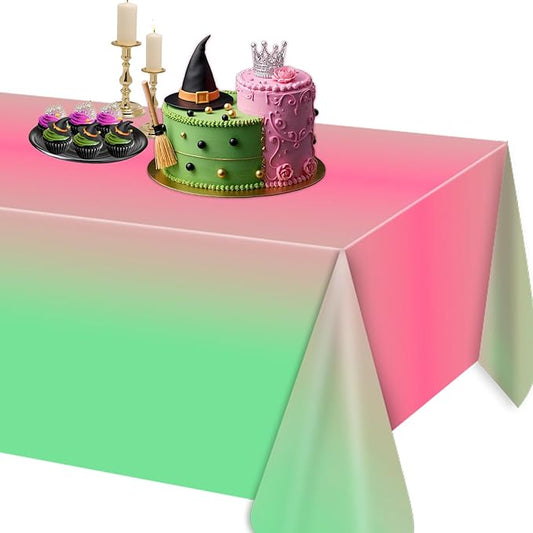 AFZMON 1 Pack Witch Birthday Party Decorations Tablecloth, Pink and Green Disposable Rectangle Plastic Table Decors Cloth for Kids Baby Shower Wedding Party Supplies, 54 x 108Inch