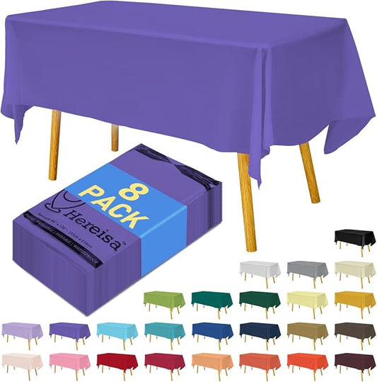 8-Count Purple Disposable Plastic Tablecloths Rectangle 54x108 Inch - Extra Long Waterproof Banquet Table Covers for Parties & Catering