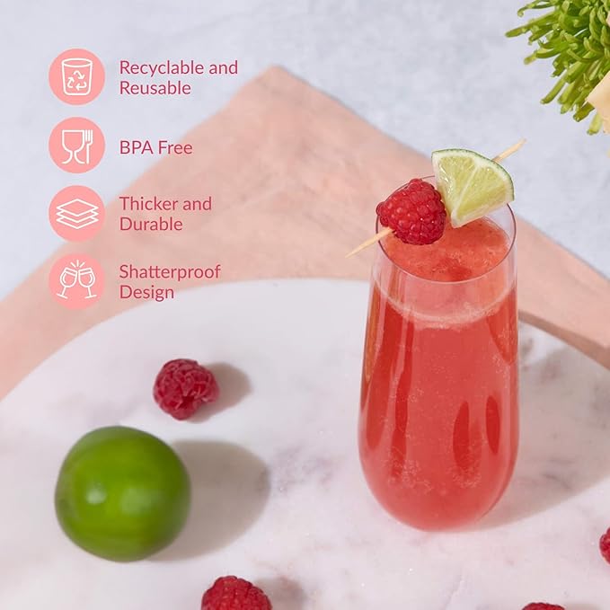 Prestee 48 Pack Plastic Champagne Flutes 9 oz - Stemless Disposable Champagne Flutes for Cocktails Mimosa Bar and Party Supplies - Clear Shatterproof Plastic Wine Glasses for Wedding and Summer Party