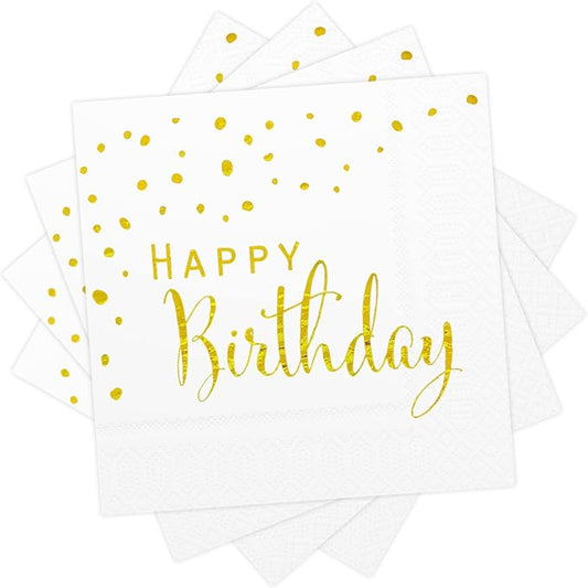 DYLIVeS Gold Birthday Napkins, White and Gold Dots Happy Birthday Napkins Dinner Cocktail Disposable Paper Party Napkins for Adults Kids Birthday Party Supplies Decorations, 6.5 Inch, 3 -Ply, 50 Pack