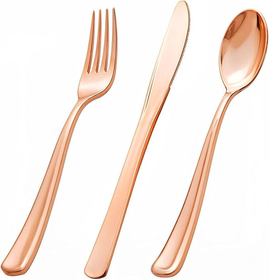 bUCLA 600PCS Rose Gold Plastic Silverware Set - Disposable Rose Gold Plastic Cutlery Include 200 Knives, 200 Forks, 200 Spoons for Party, Wedding & Mother’s Day