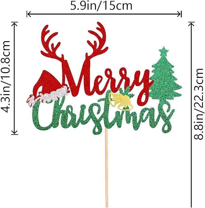 1Pcs Merry Christmas Cake Topper Glitter Xmas Tree Santa Hat Reindeer Christmas Cake Decoration for New Years Eve Xmas Holiday Birthday Party Supplies